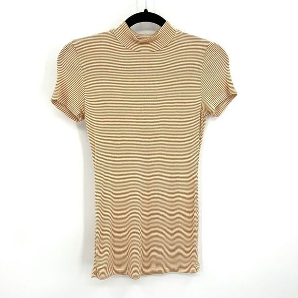 ANTHROPOLOGIE Pure + Good Orange White Striped Ribbed Mock Neck Shirt Size XS - Picture 1 of 5
